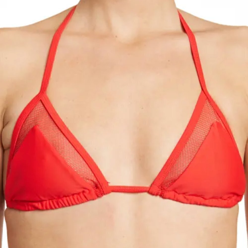 Red Mesh Panel Triangle Bikini Top Halter Swimwear Red Small